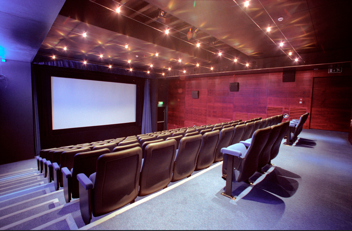 An image of Cubby Broccoli cinema, featuring blue seating and twinkling lights overhead.