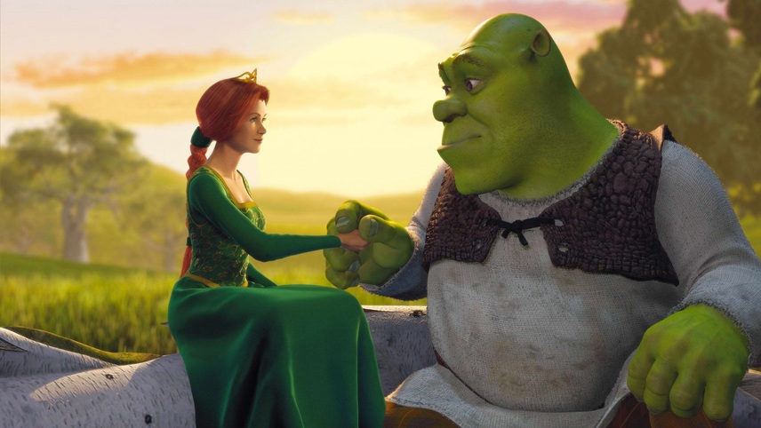 A still from Shrek of Princess Fiona holding hands with Shrek as a 