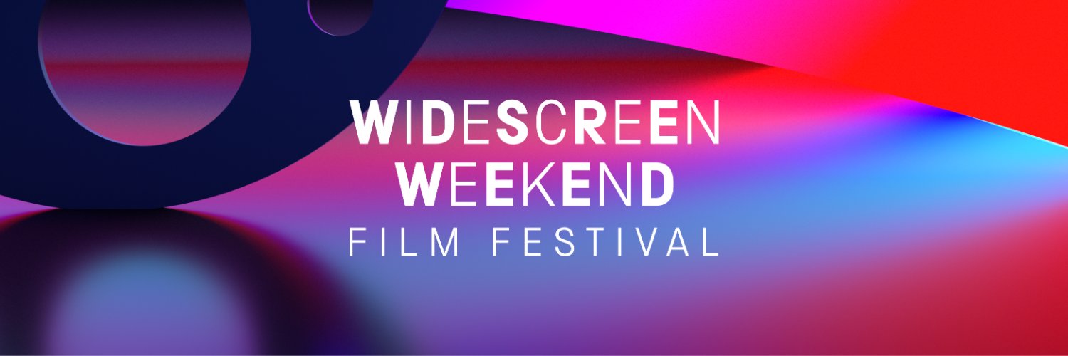 A logo for Widescreen Weekend Film Festival, featuring a pink and red background with white text.