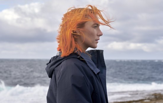 A profile image of Saorise Ronan with bright orange hair, with a grey backdrop.