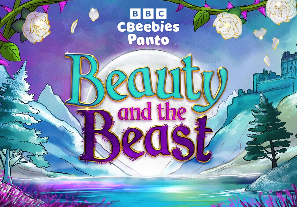 A painted background of a wooded area with the text BBC CBEEBIES PANTO - BEAUTY AND THE BEAST.