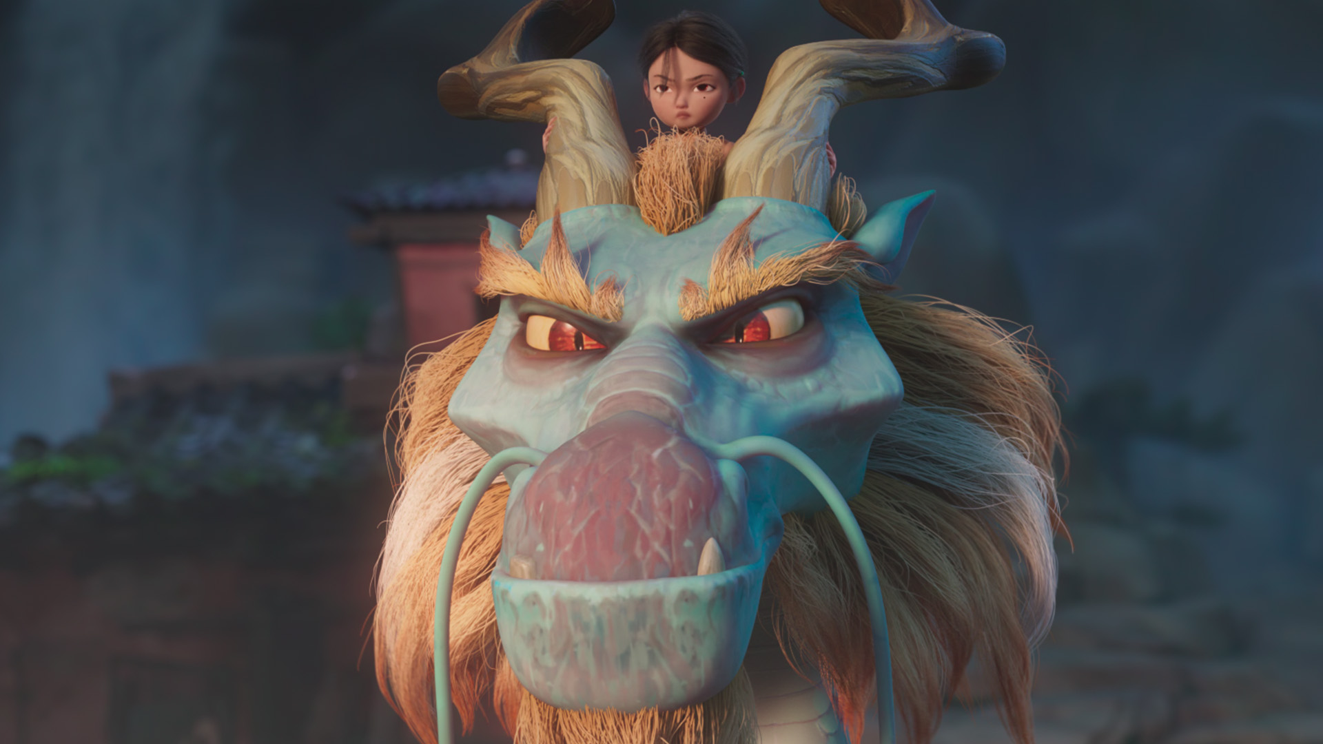 An animated image of a young girl sitting on top of a dragon's head.