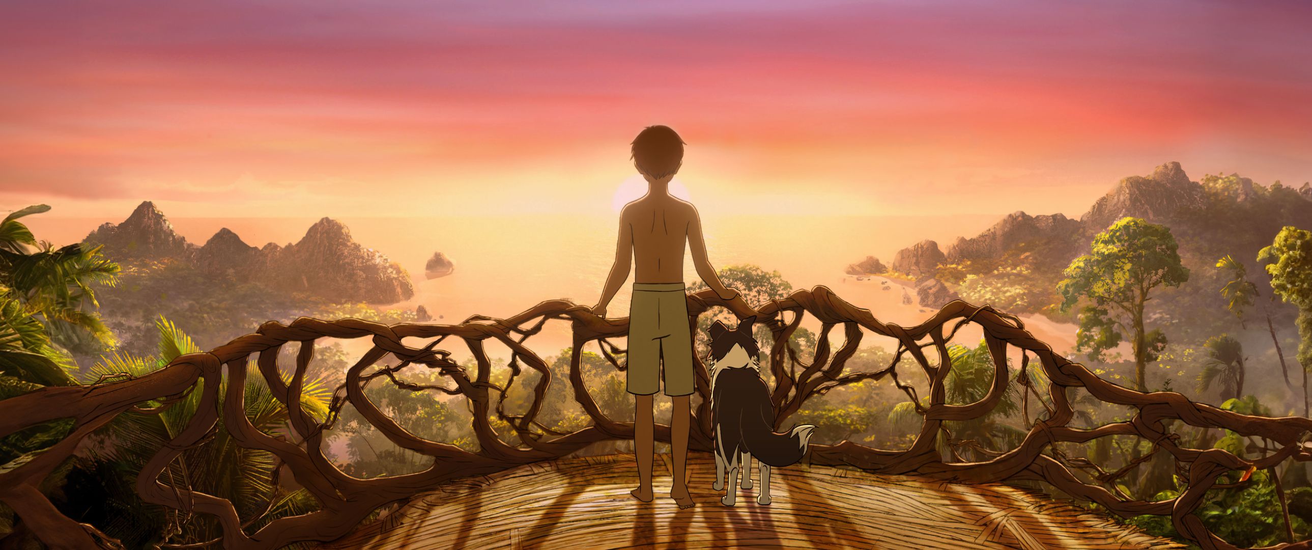 An animated image of a boy gazing out to sea as the sun sets.