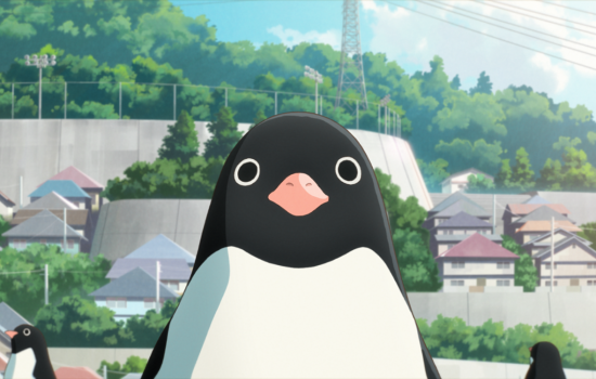 An animated image of a large penguin staring forwards in the middle of the frame.