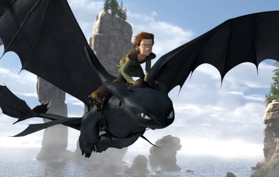 A young man is riding a black dragon over water with a determined look on his face.