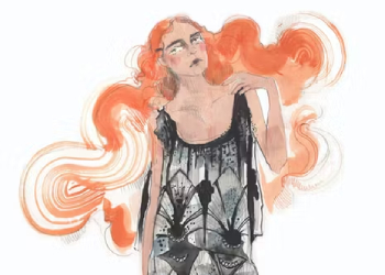 An illustration of a person with long, red hair wearing a 1927 beaded black flapper dress which features in the exhibition