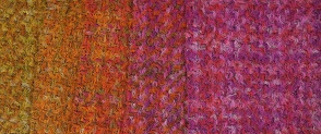 Group of six woven womenswear fabric samples, mohair tweed with colours of pink, red, orange and yellow. 