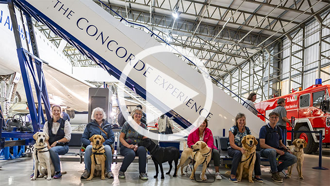 Six adults sit down with blonde and black labrador dogs beside them inside the Concorde Hangar at the National Museum of Flight.