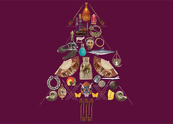 A christmas tree design made up of objects from the National Museums Scotland collections. 