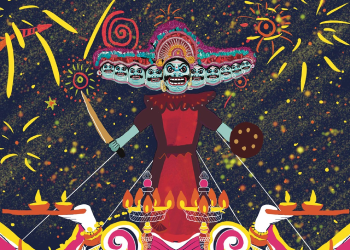 A colourful illustration of the ten headed demon king Ravana which is connected to the festival of Navratri,  which is a celebration over nine days  during the months of October and  November.