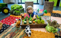 A young boy lies on the floor playing with felt vegetables. 