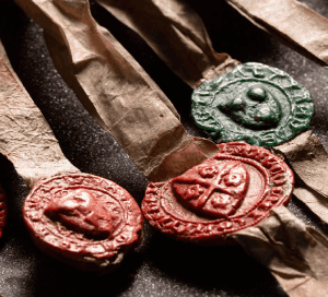The red and green seals of the Declaration of Arbroath 