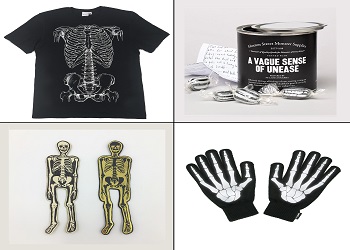 Skeleton items available for sale in the museum shop, including a tshirt, gloves and bookmarks