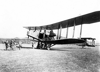 A black and white image of a biplane at East Fortune Airfield