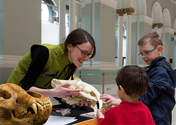 A museum staff member shows children animal skull handing objects