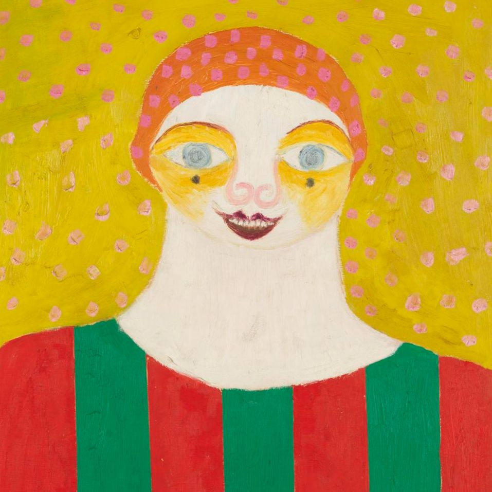 A colourful portrait of someone wearing a striped green and red top. 