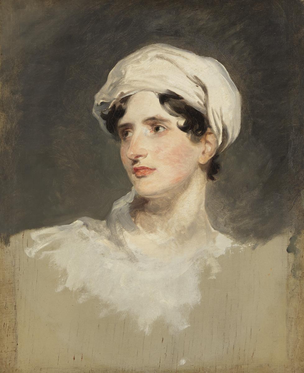 An unfinished painted portrait of a white woman wearing a headscarf. 