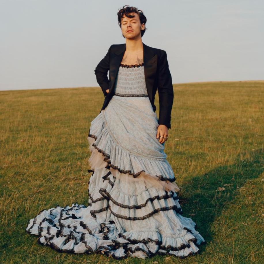 A colour photograph of Harry Styles wearing a suit jacket and long skirt, in a field