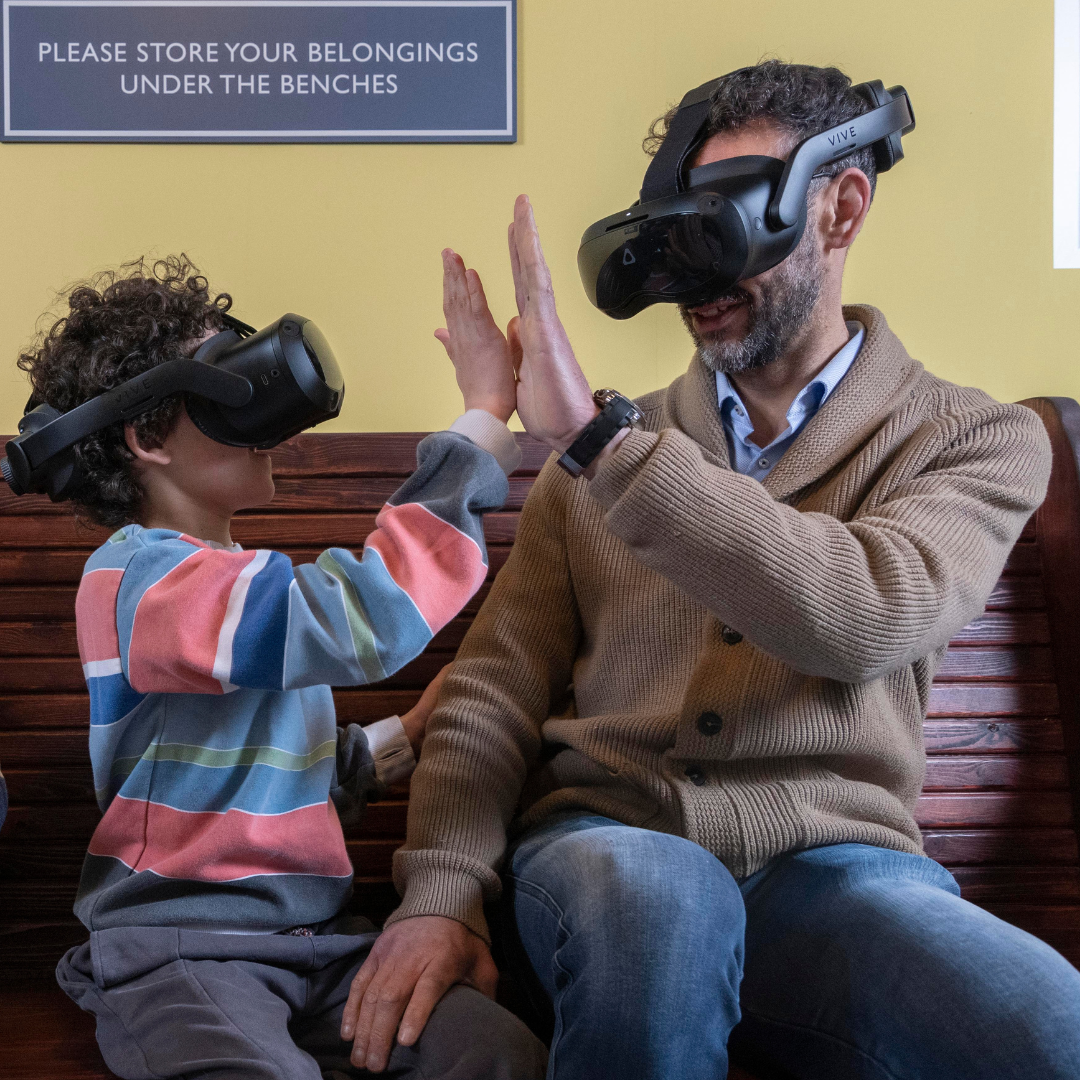 A family wearing VR headsets