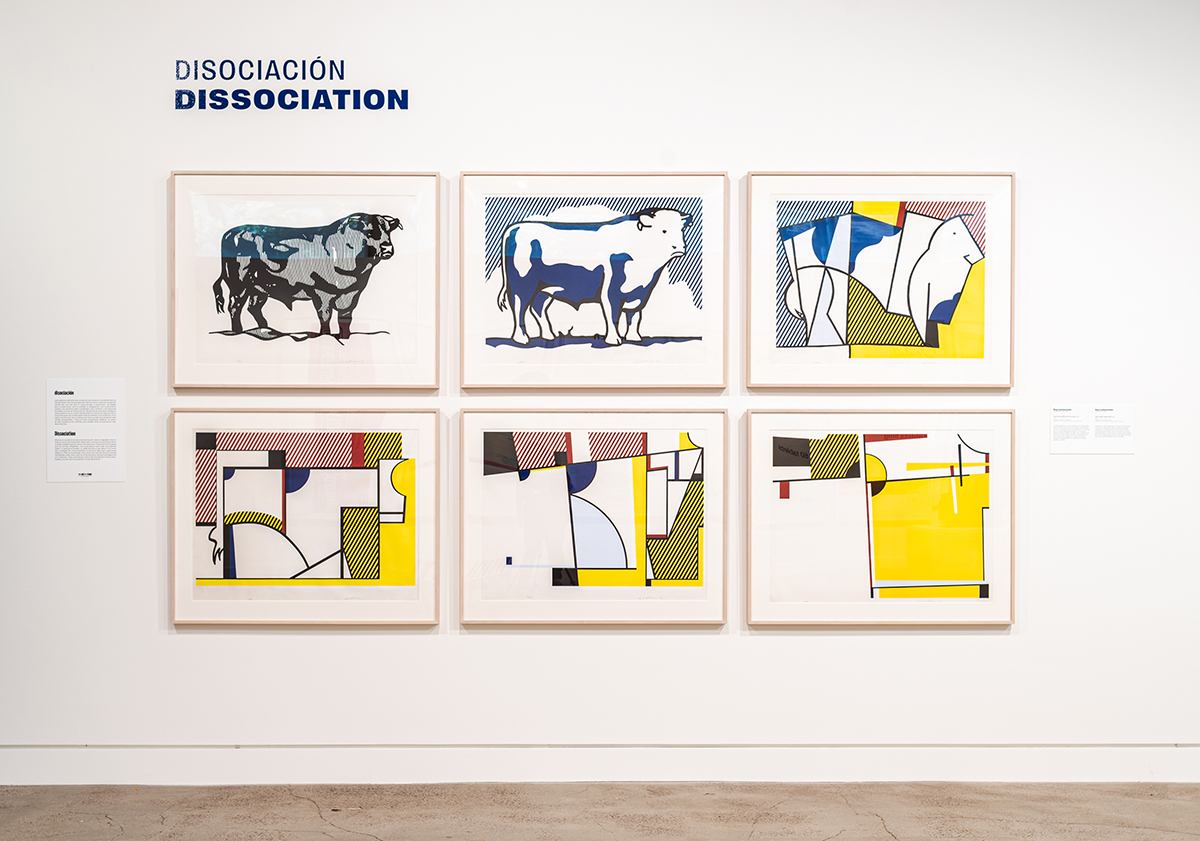 Six prints are grouped on a white wall, starting with a drawing of a bull that becomes more abstract in each artwork 