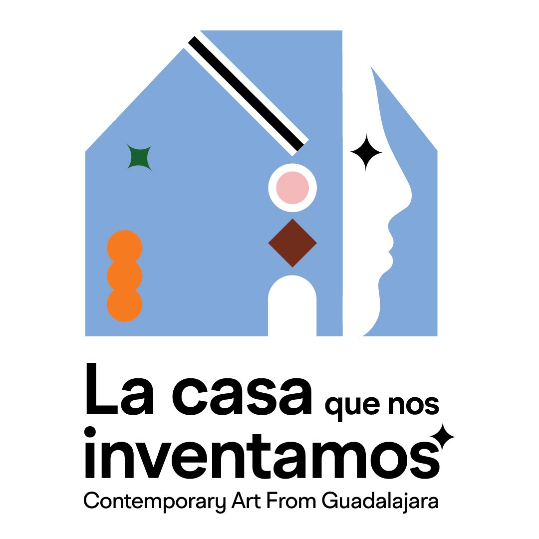 A logo featuring a stylized house and the profile of a person's face in light blue, pink, orange and green with the words La casa que nos inventamos: Contemporary Art From Guadalajara stacked underneath