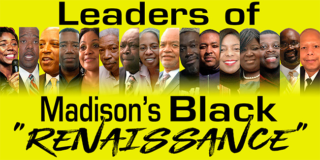 Leaders of Madison's Black Renaissance Banner. 16 different community members' headshots are on a yellow background