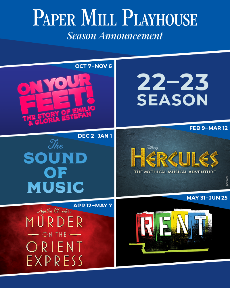 A vertical rectangle with a blue border, titled Paper Mill Playhouse Season Announcement, split into six smaller cells. From top row, cells read: 22-23 Season. Oct 7-Nov 6: On Your Feet!  Dec 2-Jan 1: The Sound of Music. Feb 9-Mar 12: Disney's Hercules. Apr 12-May 7: Agatha Christie's Murder on the Orient Express. May 31-Jun 25: Rent.