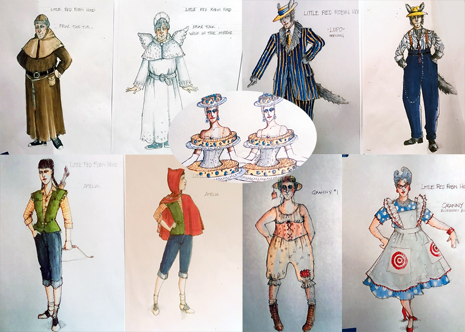a collage of costume designs for Friar Tuck, the Wolf, Little Red, and Granny