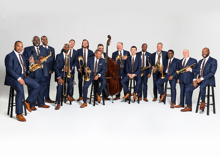 Photo of the members of the Jazz at Lincoln Center Orchestra holding their instruments