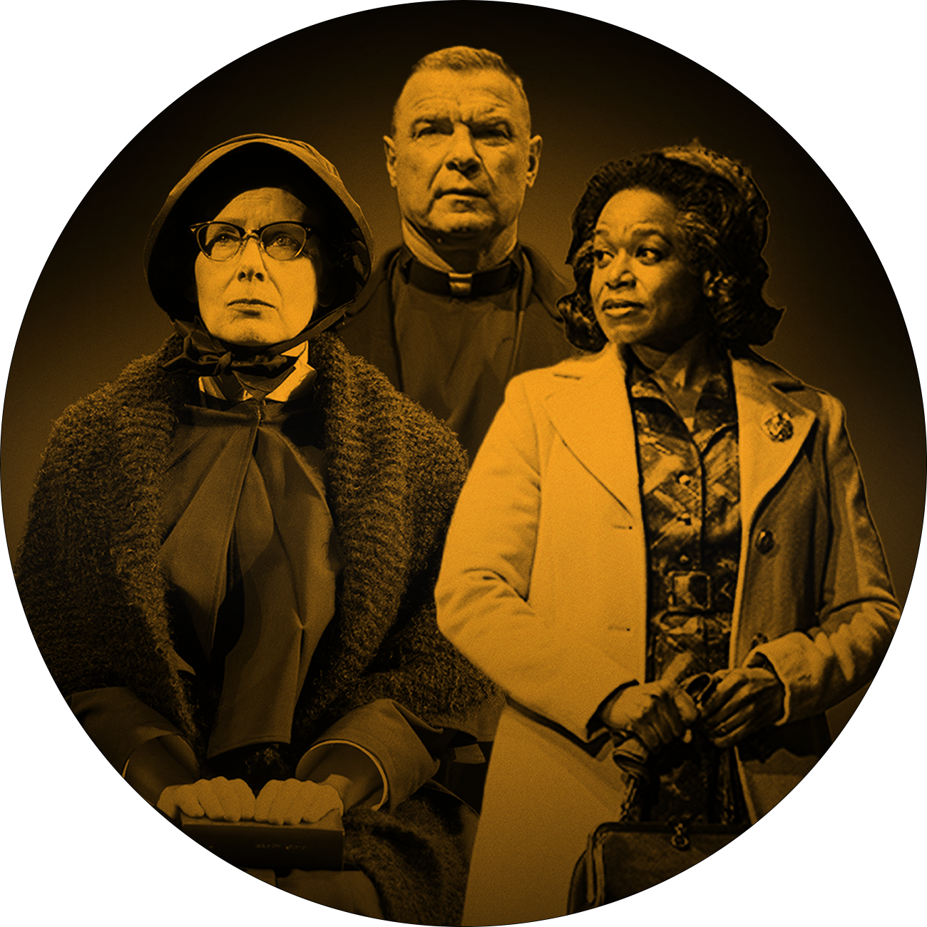 (L to R): Amy Ryan, Liev Schreiber, and Quincy Tyler Bernstine in their characters from Doubt: A Parable with a gold overlay.