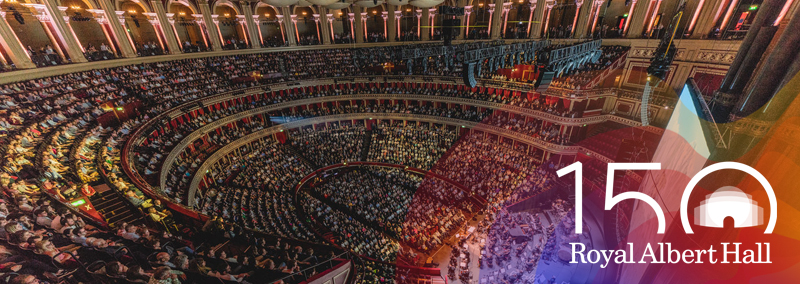 The Royal Albert Hall auditorium, with the text What's On and the Royal Albert Hall logo
