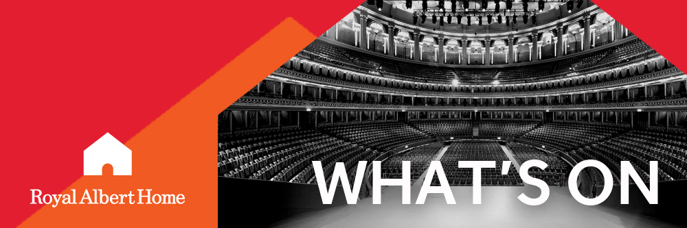 The Royal Albert Hall auditorium, with the text What's On and the Royal Albert Hall logo