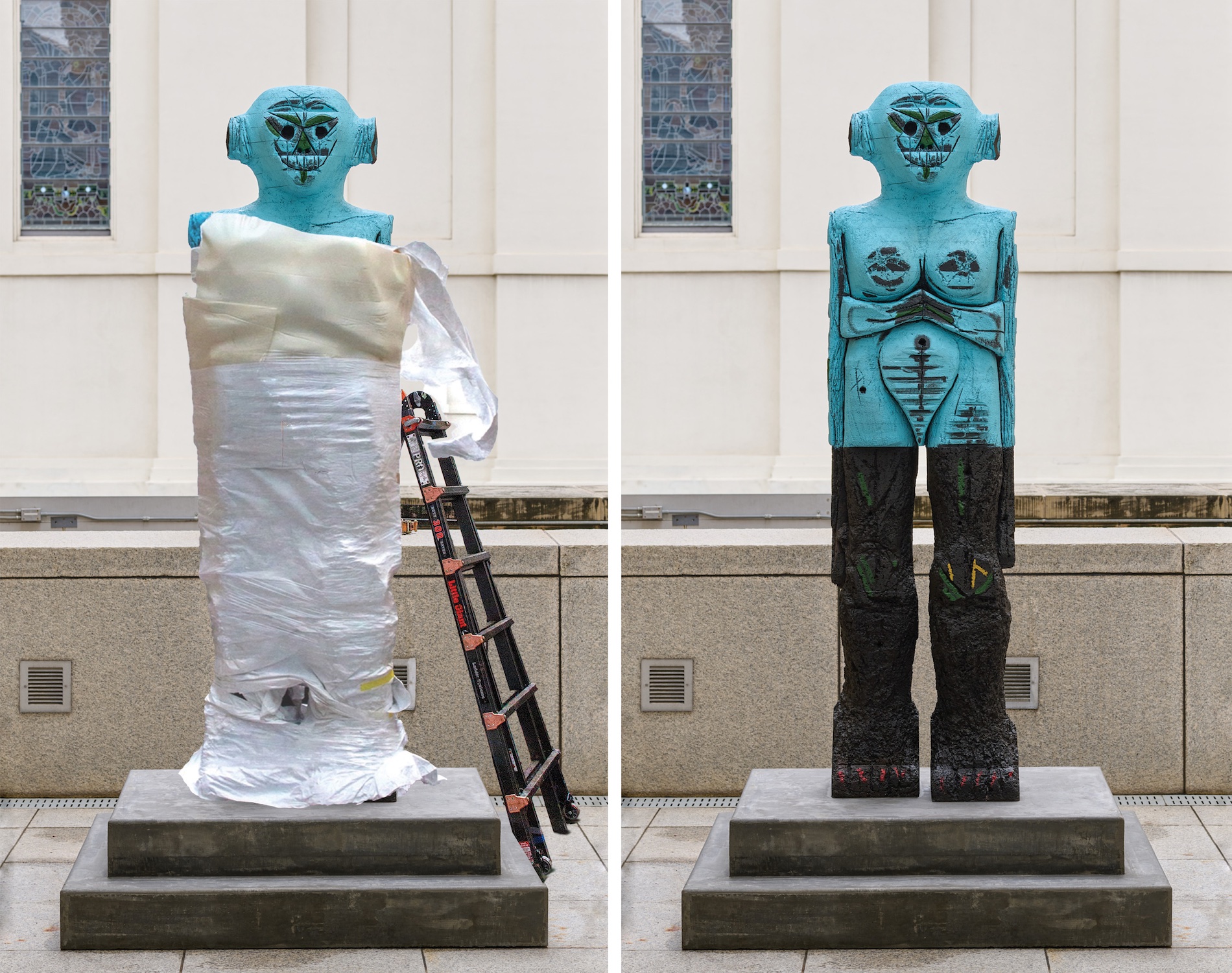 On the left is an 8-foot-tall figurative bronze sculpture with a partially unwrapped head and shoulders. On the right, the sculpture is completely unwrapped.