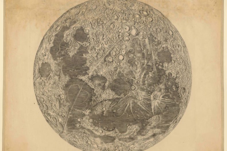 Sepia image of a drawing of a map of the moon. The map is aging, and the moon is drawn in great detail, emphasizing its craters.