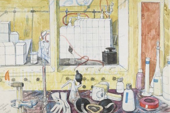 Drawing of a lab, done in colored pencil. An array of scientific equipment at a table close to the viewer, featuring several bottles, a pipette, gloves, and tape. In the back is a larger setup of many blocks connected by pipes.