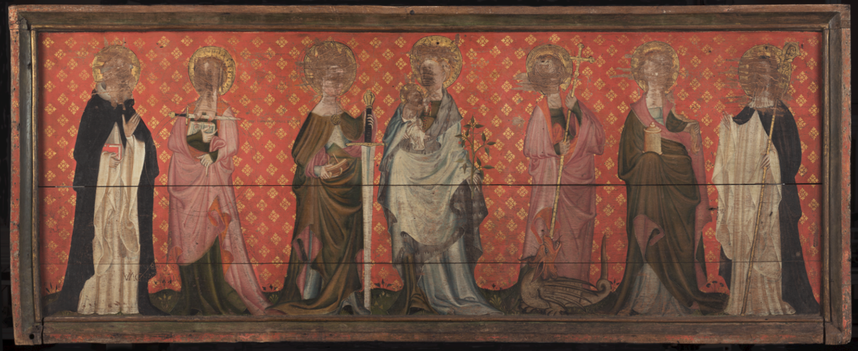 A large oak altarpiece, probably made in c. 1400 for the Dominican nuns of Dartford Priory, featuring portraits of saints, including St Agatha, St Catherine and St Margaret. Seven women line the altarpiece, framed by wood against a red background spangled with gold. The women wear robes of various colors, predominantly white, pink, black, and brown. They carry various symbols, including books, a sword, a branch, a cross, and a baby (probably Jesus). The faces of the women have been scratched out. They all have glories around their heads.