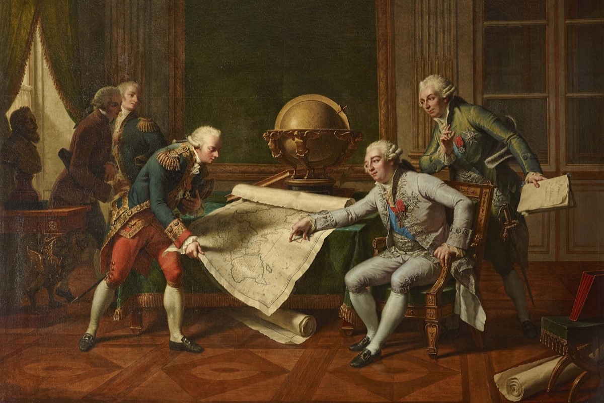 Painting of several well-dressed men in a room in Versailles. One of them is King Louis XVI, dressed in dove grey, opposite a man in blue and red indicated to be famous French explorer Laperouse. Louis XVI seems to be directing Laperouse in future expeditions, and is pointing near modern-day Australia. Laperouse would later be shipwrecked in approximately this location. Behind the pair is a golden globe on a stand, and three men listening intently. Louis XVI giving La Pérouse his instructions on 29 June 1785), oil, 1817 © From Château de Versailles, ref. MV220. © Château de Versailles, Dist. RMN-Grand Palais / Christophe Fouin