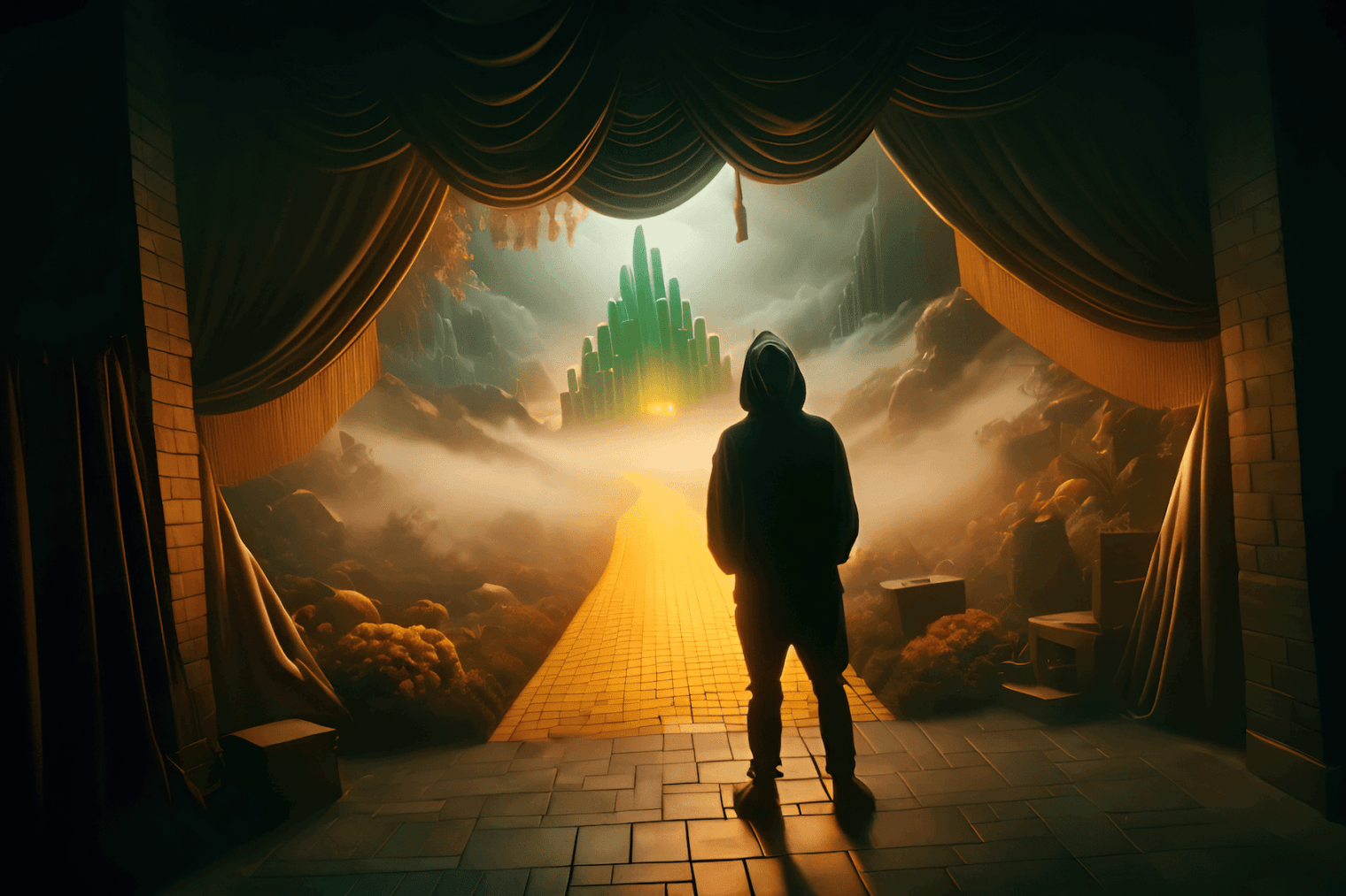 AI-generated image of a person in a hoodie looking out into what appears to be Oz, down a yellow brick road toward a green castle. There are curtains on either side. Alan Warburton: ‘The Wizard of AI’ (2023). AI generated film. 19 minutes 19 seconds. Production still.