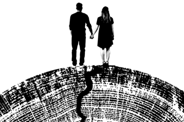 [IMAGE] Actors playing Romeo and Juliet face away from us holding hands in silhouette on top of an image of the rings of a tree with a crack running through them.