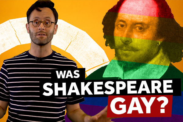 [IMAGE] A man wearing glasses and a striped top stands next to an old painting of Shakespeare with the pride flag projected on and the words Was Shakespeare Gay?
