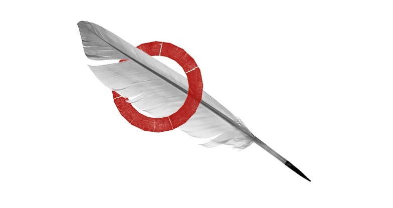 [Image] A grey feather quill passing through a red Globe round logo. The background is white.