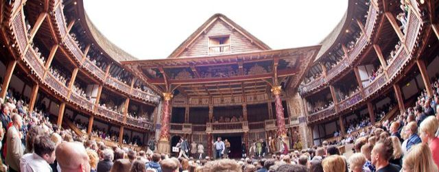 [Image] A photo showing the Globe Stage in a fisheye view from the back of the Yard.