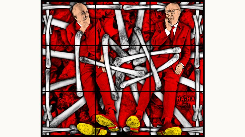 An artwork featuring two men in red suits sitting amid a pattern of white wishbones on a red and black background. The men are posing thoughtfully, each with a hand on their face.