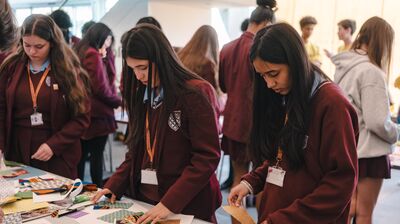 A group of pupils taking part in a creative activity around a table