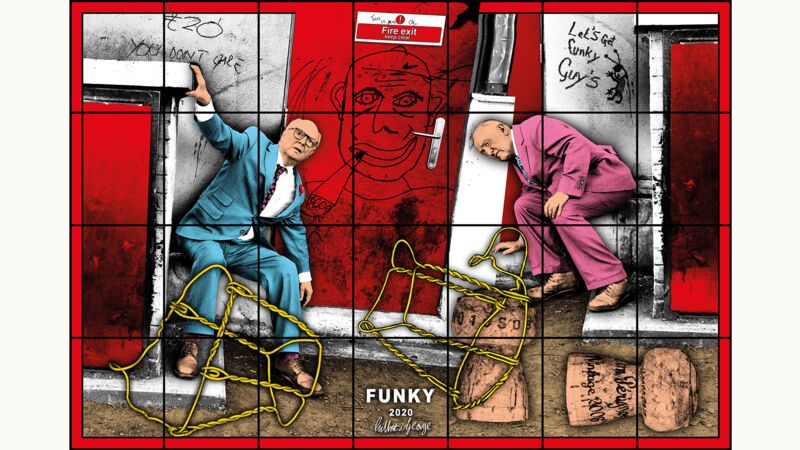 Artwork with two men one in a blue suit and the other in a pink suit crouching