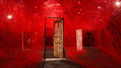 An open door with red thread attached to the frame connecting it from floor to ceiling creating web like walls.