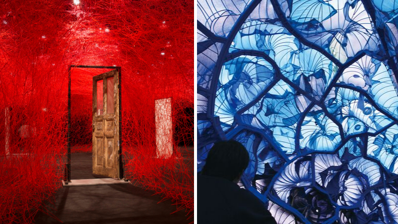 Left; An open door with red thread attached to the frame connecting it from floor to ceiling creating web like walls, right; View of an oval corridor with different colours light spilling through the fabric, small stools are one the metal corridor floor