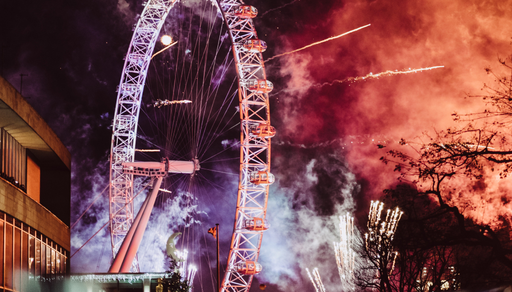 Southbank Centre, views of the London Eye lit up by fireworks on New Year's Eve