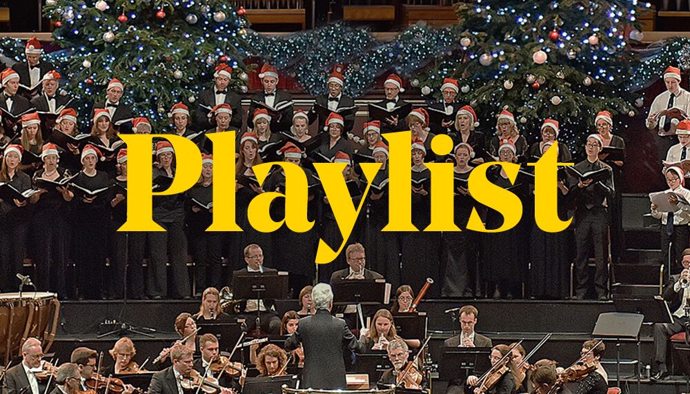 A Christmas performance in Royal Festival Hall with the word 'playlist' placed over the top