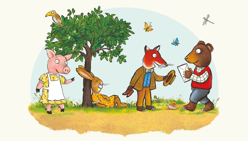 llustration of Tales From Acorn Wood Characters. A pink pig in a yellow flowery dress and a white apron looks out at the viewer. A chestnut rabbit in an orange and red spotty dress lounges asleep against the trunk of a tree. A fox wearing a tweed blazer holds his shoes in one hand and his hat in the other. A brown bear in a red sweater vest and grey trousers walks with a white envelope in his hands. In the air flies two butterflies and a dragonfly and in the background of the drawing a snail with a yellow snail is on the floor.